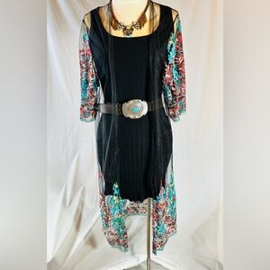 Black Sheer Mesh Embroidered Duster with Turquoise & Coral Accents